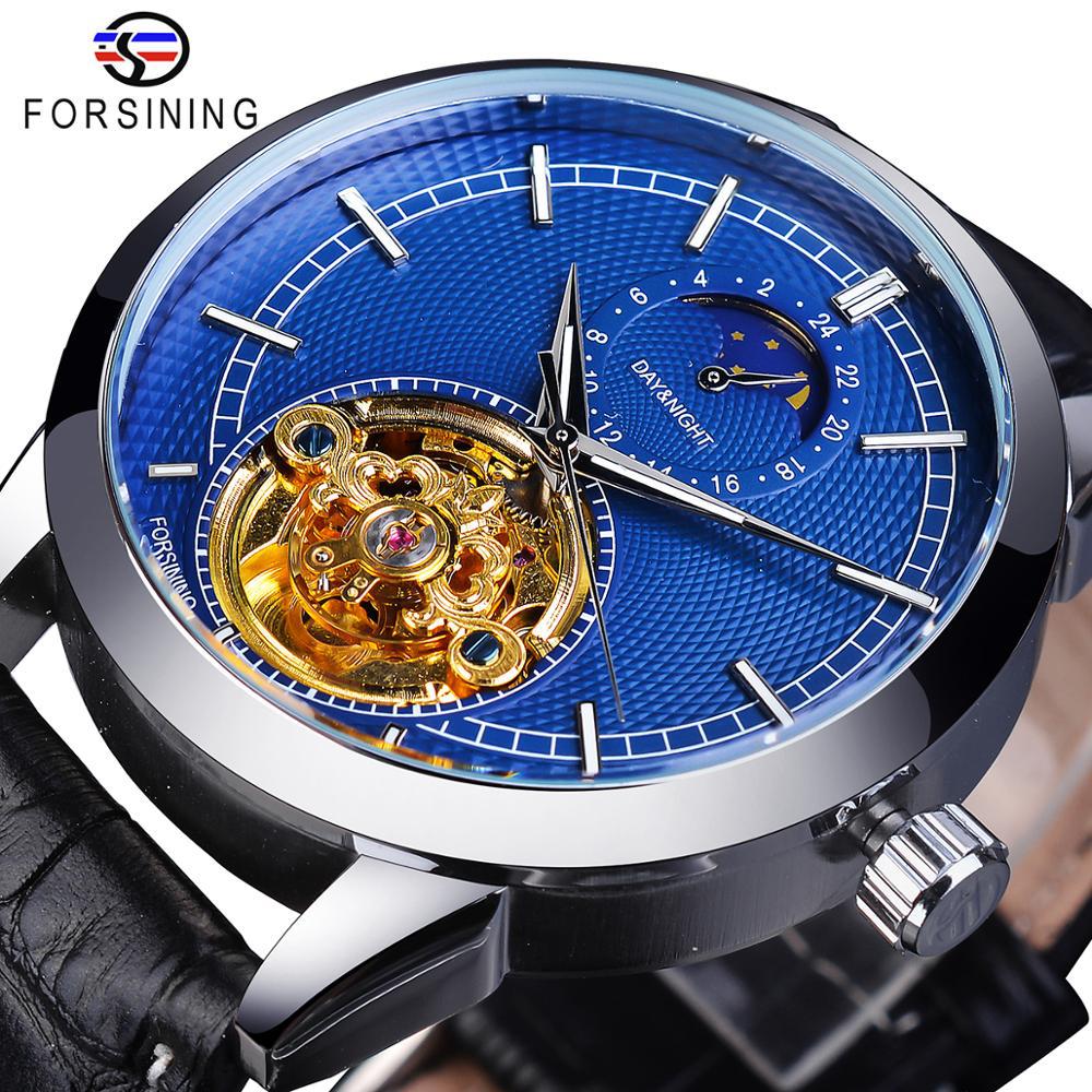 Forsining Men's Fashion Casual Hollow Moon Phase Carved Hollow Automatic Mechanical Watch GMT1177-2-A