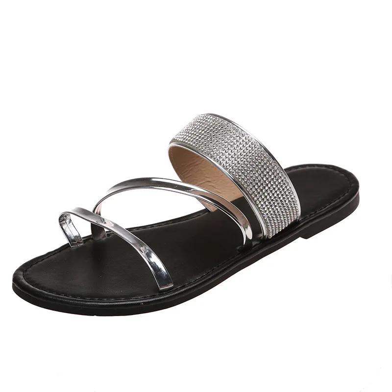 Fashion Summer New Women's Fashion Gold Silver Patent Leather Flat Heel Sandals Bling Rhinestone Narrow Band Beach Casual Slippers2025
