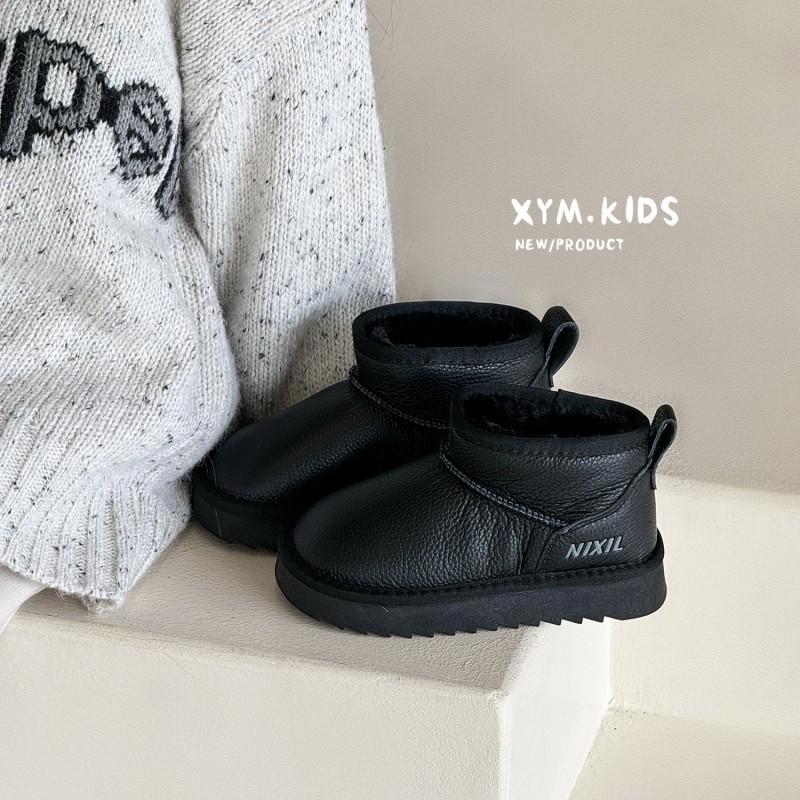 Kids Winter Snow Boots Boys Girls Genuine Leather Ankle With Warm Cotton Lining Anti-Slip TPR Sole