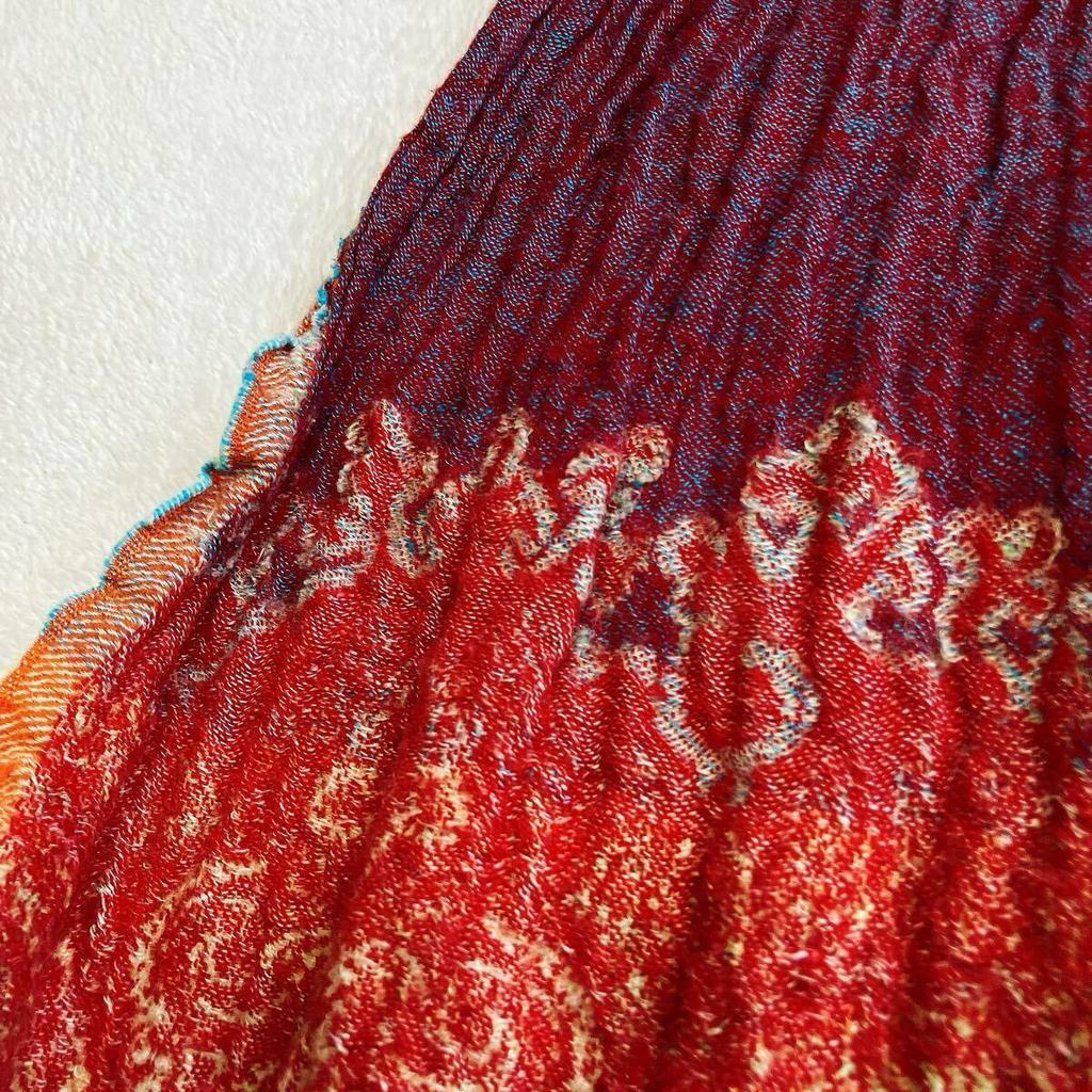 Used [Beautiful Condition] 45rpm Gauze Jacquard Paisley Stole - Ethnic, Fringe, Red x Purple x Multi