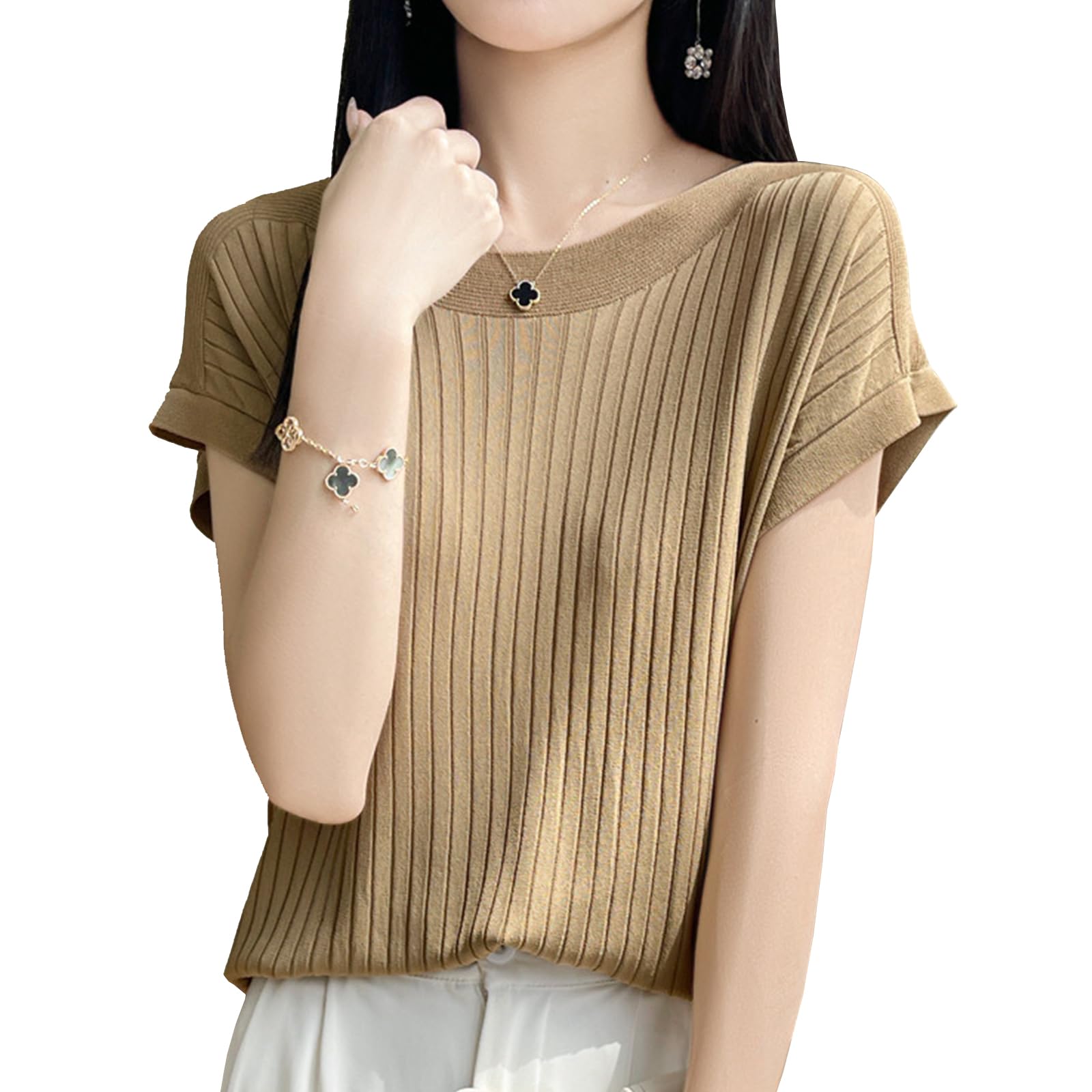 

French Sleeve Summer Knit Cut and Sew Thin Ribbed Knit Boat Neck Top Solid Color Spring Summer [jinghuiyue] Women s JJP0073CA-XL