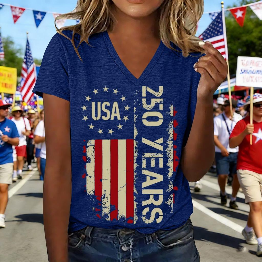 Modisches Lässiges Damen-T-Shirt Mit Kurzarm, Aufdruck und V-Ausschnitt