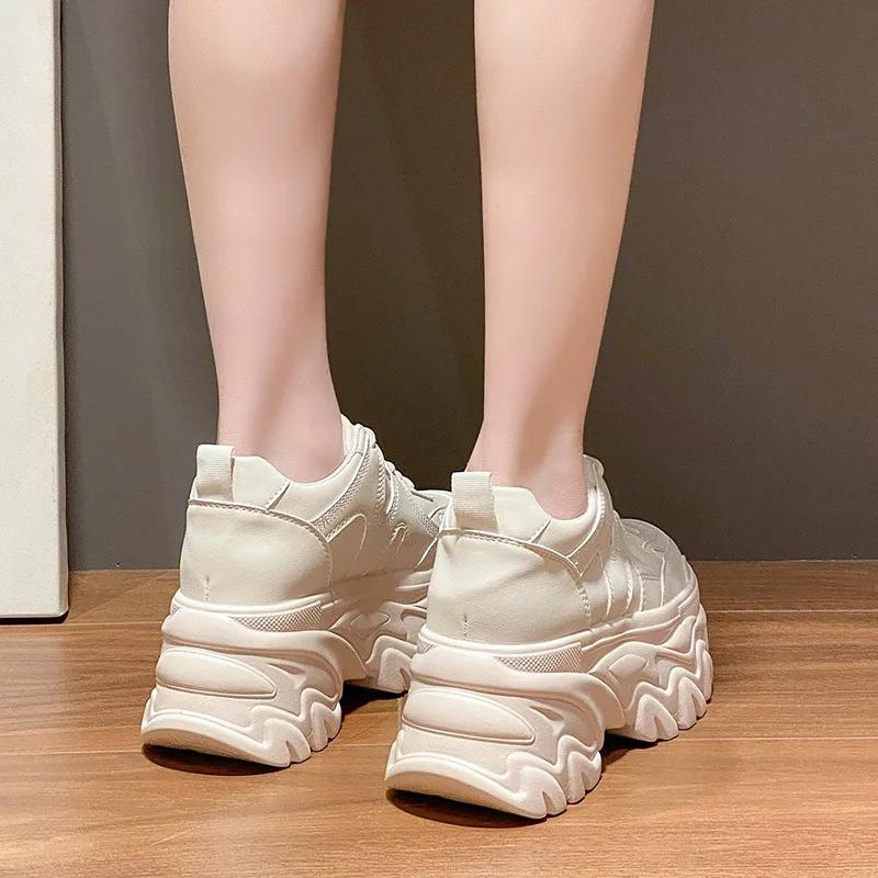 Fashion Autumn Breathable Thick Bottom Casual Shoes New 2025 Women's Chunky Leather Sneakers 8CM High Platform Sports Dad Shoes Spring
