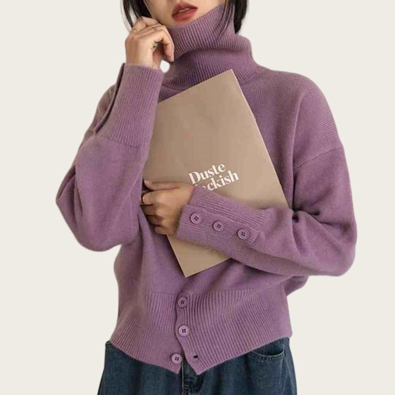 Autumn Winter New Turtleneck Long Sleeve Pullover Sweater for Women Elegant 2025 Fashion Loose Hem Button Sweaters Office Casual Knit Top Clothing