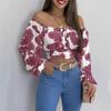 Spring and autumn new European and American women's clothing popular printing long-sleeved off-the-shoulder one-word collar lantern sleeve top