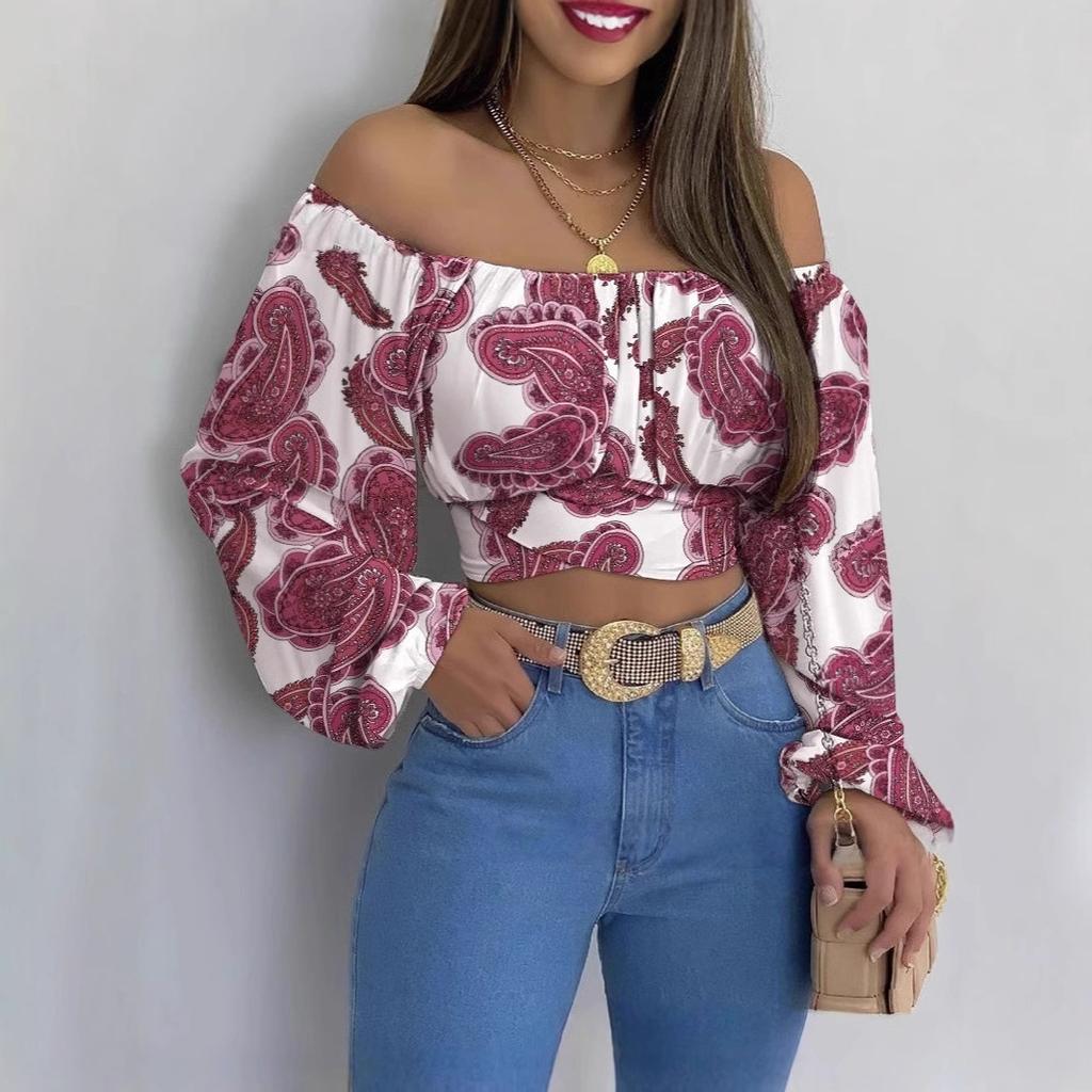 Spring and autumn new European and American women's clothing popular printing long-sleeved off-the-shoulder one-word collar lantern sleeve top