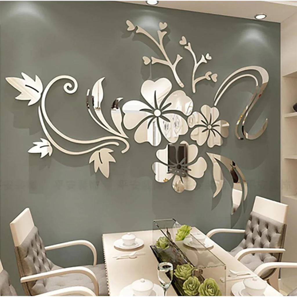 3D Mirror Mural Stickers Hibiscus Shaped Silver Acrylic Wall Sticker Decoration for Living Room