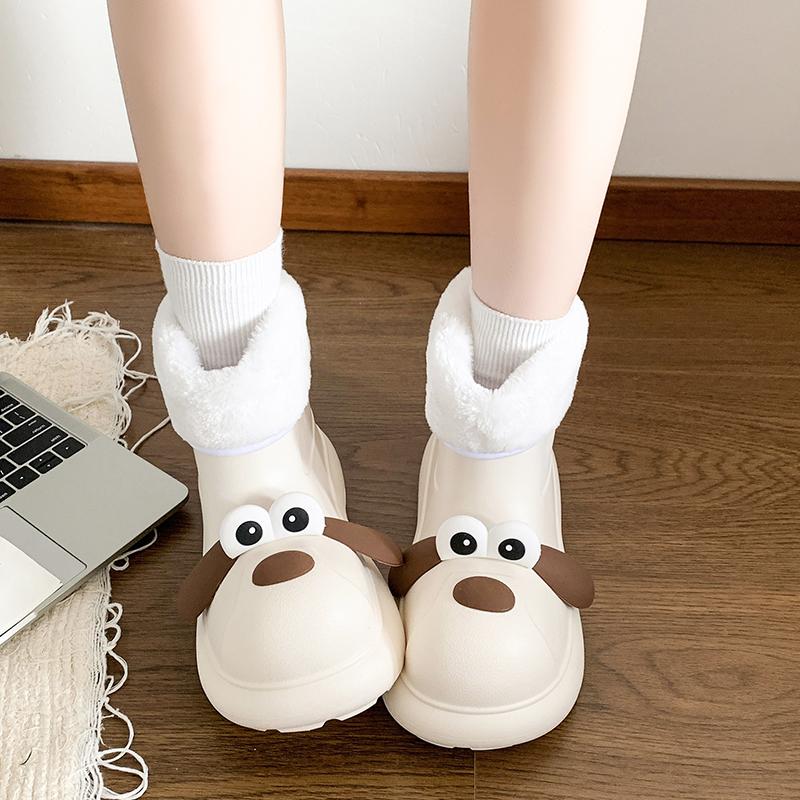 Cute Cartoon Dog Cotton Eva Ankle Boots Women 2025 Winter Warm Short Plush Rain Boots Soft Sole Non Slip Waterproof Booties