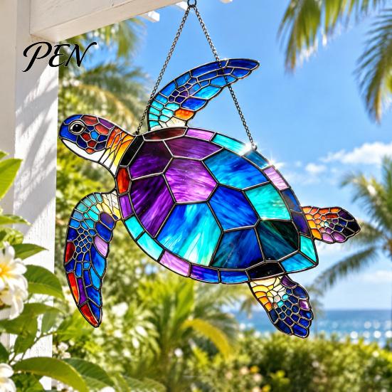 Beach House Decorations Sea Turtle Suncatcher, Acrylic Window Hanging Ornament, Faux Stained Glass Gifts for Lovers Coastal Decor Ocean Lovers, Garden