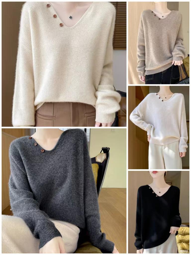 V-neck Knitted Sweater Women's Autumn and Winter New Solid Color Basic Versatile Soft Waxy Loose Large Size Bottoming Sweater