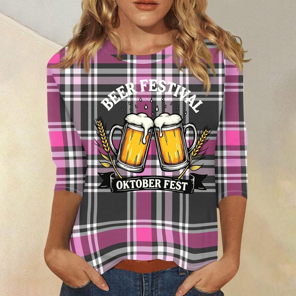 Women's Casual Three Quarter Sleeve Round Neck Top with Beer Festival Print Oktober Fest Pattern Lightweight Comfortable Fit