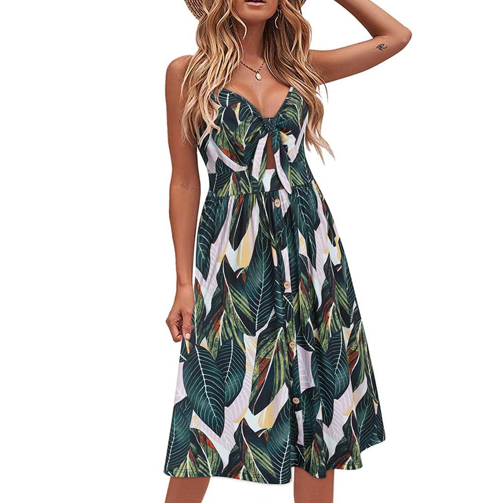 Women's Summer Bow Tie On Chest Printed V-neck High-waist Sling A-line Dress