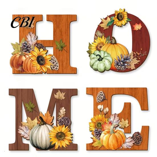 Flexible Letter Wall Decor 4PCS Wooden HOME Sign, with Wood Grain Texture Decor, Split Warm Autumn Atmosphere Design, Rustic Style Hanging for