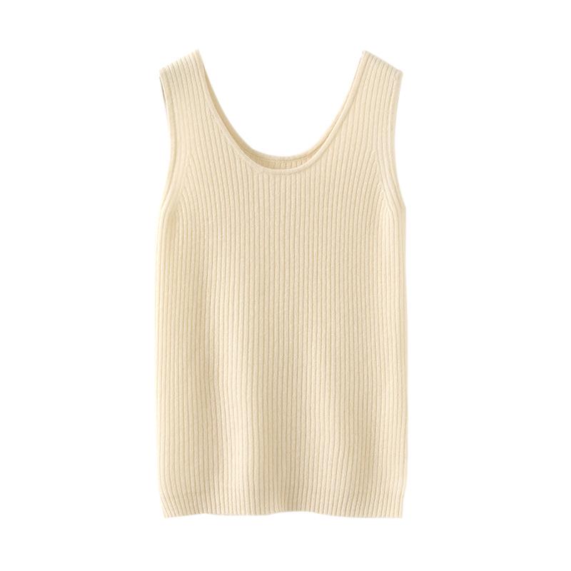 Women's U-Neck Cashmere Vest - Autumn/Winter 2023, Slim, Ribbed, Sleeveless with Wide Straps