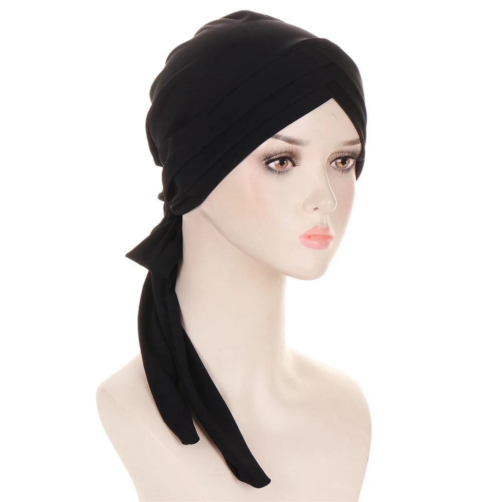 New Muslim Inner Hijab Turban Women Pre-Tied Cap Long Tail Headscarf Wrap Beanies Bonnet Head Scarf Stretch Headwear Ninja Hat