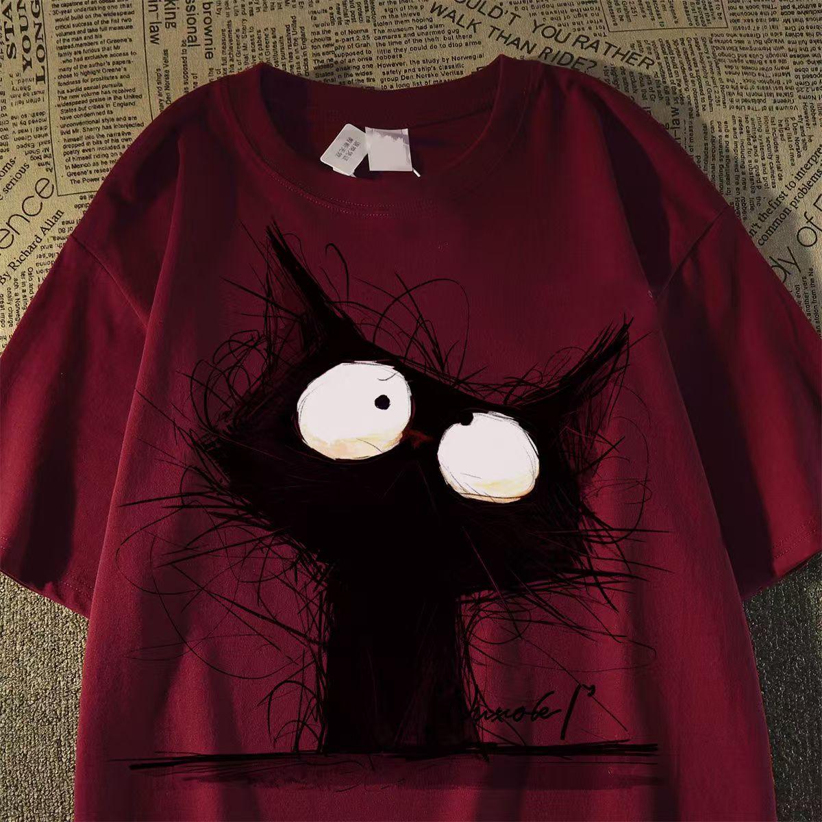 

Женская футболка с коротким рукавом, винтажные линии, принт кошки, летние топы 5XL красный