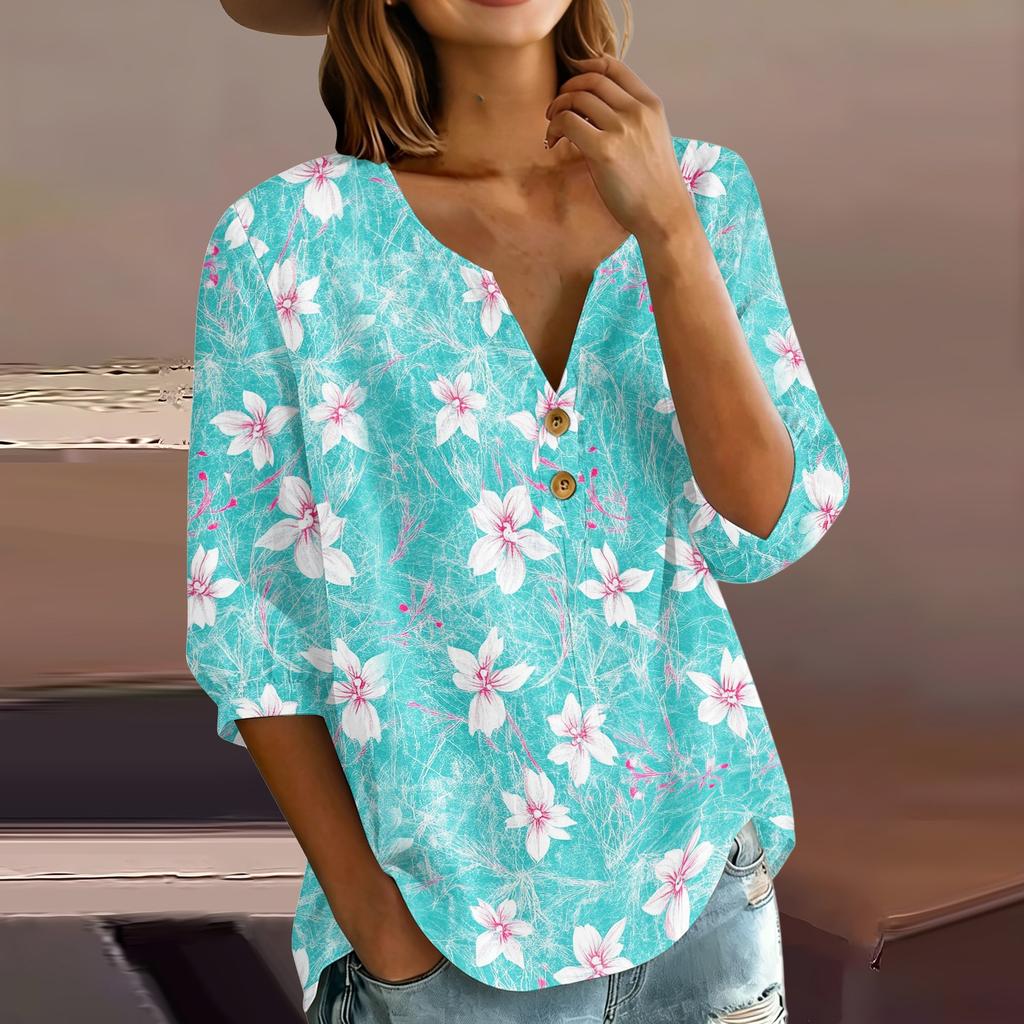 Women’s Floral Print Cotton Linen Shirt with Henley Button Neckline and Three Quarter Sleeves Casual Loose Fit Blouse Top