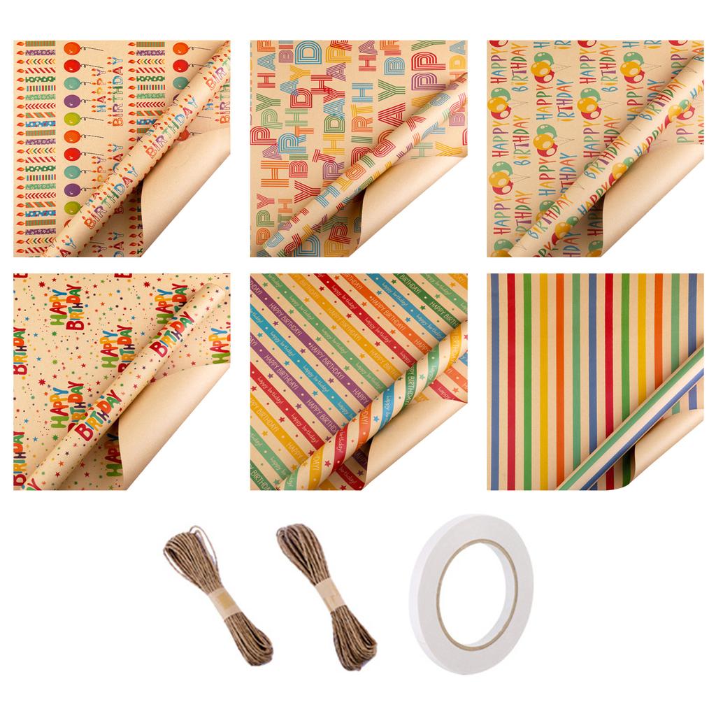 Birthday Gift Wrapping Paper Set Unique Birthday Gift Patterned Wrapping Paper with Tape Tags and Straw Rope