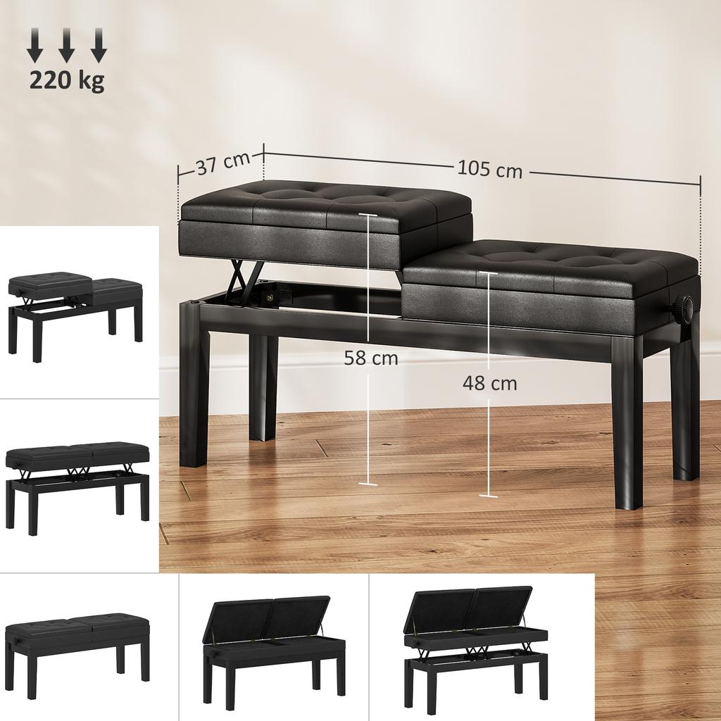 Piano Bench, Piano Stool, Faux Leather, Adjustable Double Seat, Storage, Black