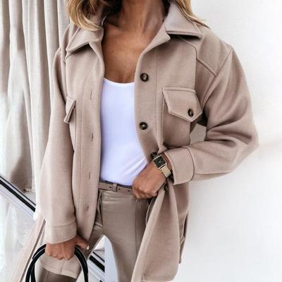 Turn-down Collar Women Coat Single Breasted Autumn Winter Flap Pockets Warm Woolen Coat