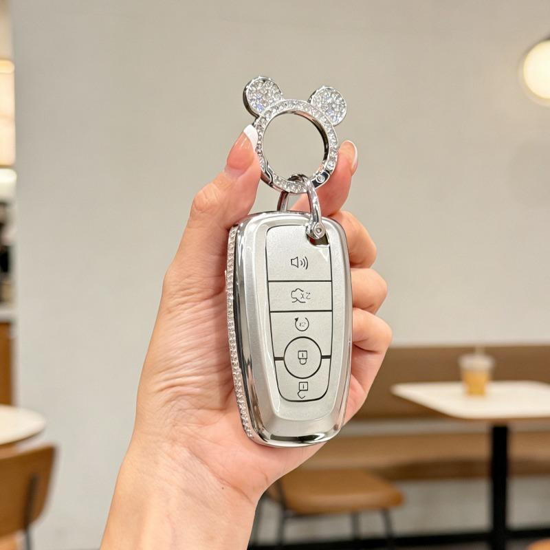[ Side Diamonds ] 4 Buttons TPU Car Key Case Cover Shell Fob for Ford Fusion Edge Escape Explorer Taurus Expedition Ranger F-150