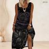 Women Plus Size Sleeveless Scoop Neck A Line Long Dress Black Purple Feather Printed