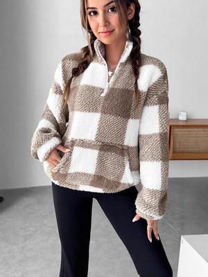 Sweatshirt en peluche à demi-fermeture éclair à carreaux pour femme Automne/Hiver 2025