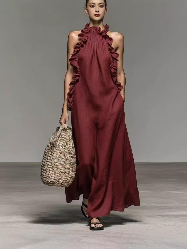 Women Sleeveless Halter Neck Maxi Dress with Ruffle Trim Light Blue Casual Beach Dress