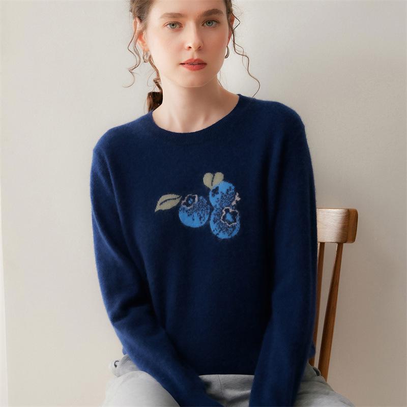 Lekasha Cashmere Blueberry Jacquard Round Neck Loose Warm Sweater