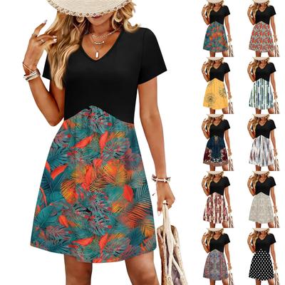 Vestido Casual de Praia Feminino Moderno com Estampa, Decote em V, Manga Curta, Soltinho