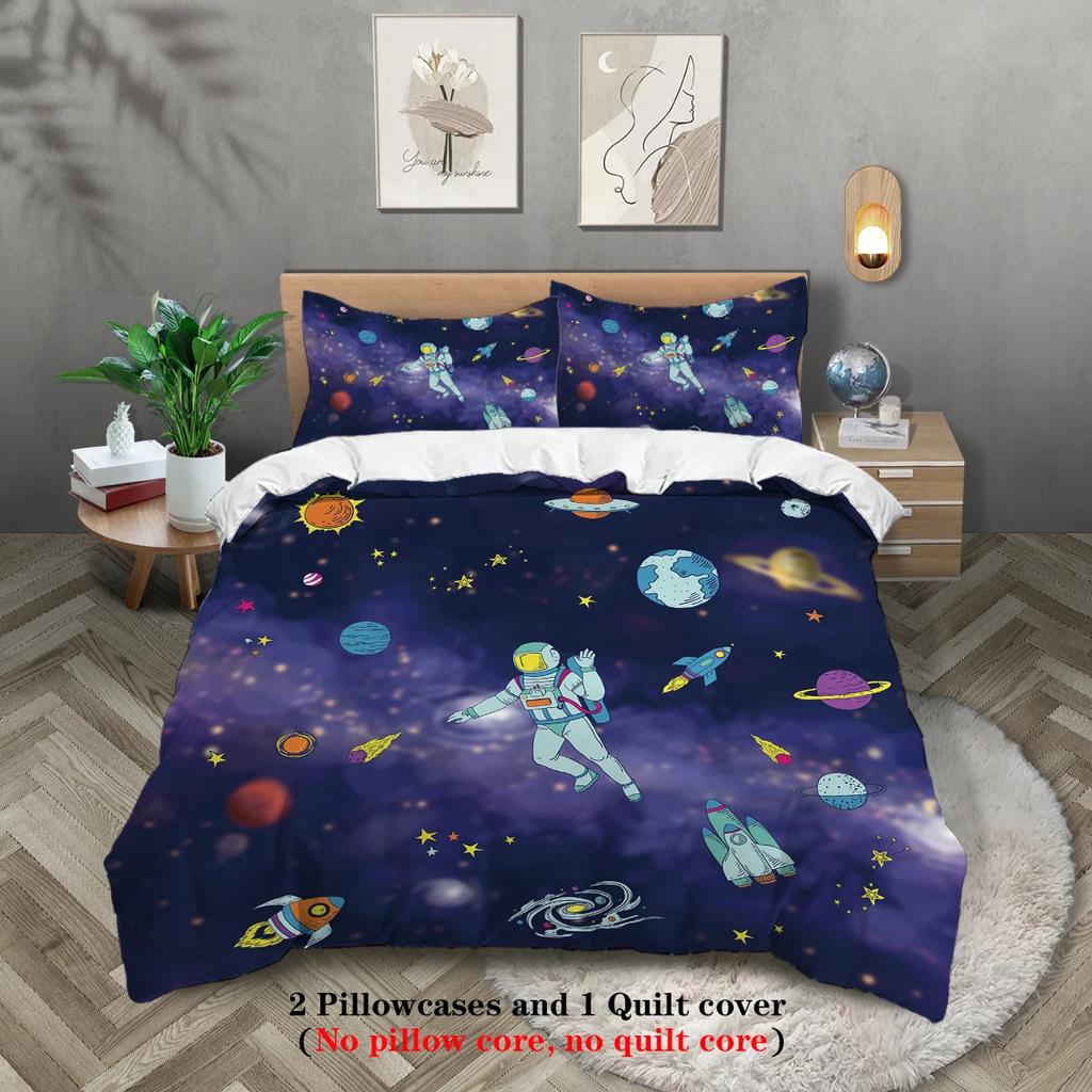 3-Piece Starry Sky Space Planet Astronaut Pattern Print (1 Duvet Cover+2 Pillowcases No Core) Comfortable Bedding Set