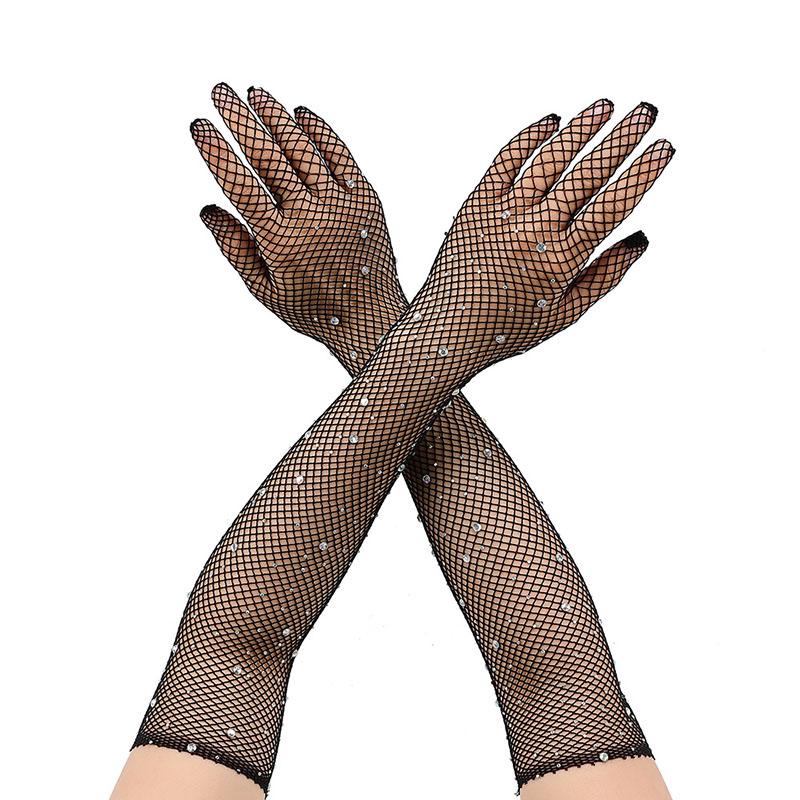 Fashion Diamond Shiny Mesh Gloves Hollow Breathable Women Sexy High Elastic Fishnet Gloves Halloween Party Carnival Cosplay