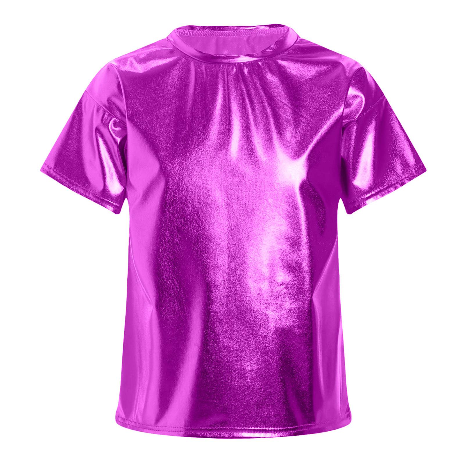 

Girls Metallic Shiny Short Sleeve T-Shirt Round Neck Dance Party Performance Top 13-14 Years фіолетовий