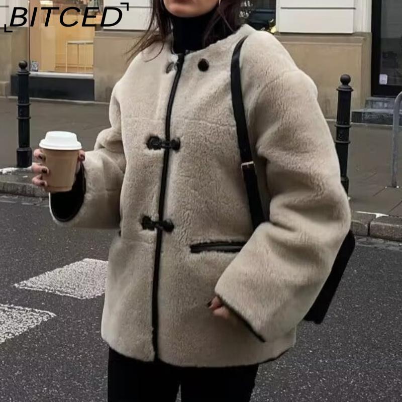 BITCED Women's Spring/Autumn Plus Size Casual Oversized Shearling O-Neck Jacket