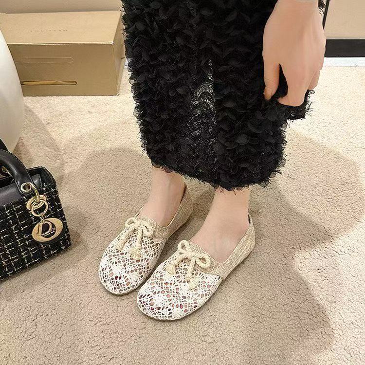 2025 new mesh hollow breathable shoes women's soft sole casual flat bottom shallow mouth round head single shoes