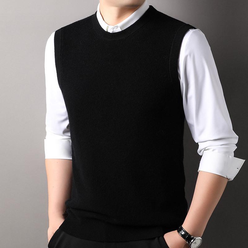 

Мужской вязаный жилет с круглым вырезом из 100% чистой шерсти для осени и зимы L чёрный