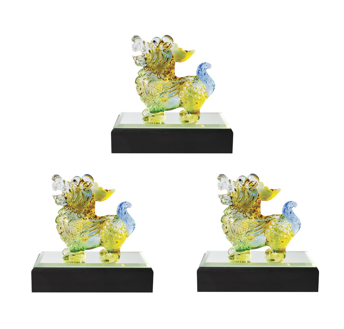 

Four Cart Handmade Glass Feng Shui Good Luck Lucky Pixiu Colorful Small Set of 3