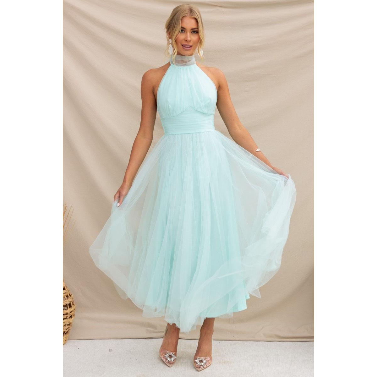 

Женское вечернее платье без рукавов с многослойным воротником, открытой спиной, халтер-воротом, шнуровкой, высоким открытым плечом, сетчатым подолом M зелёный