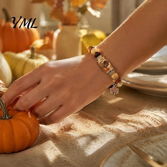 Commemorative Daily Wear Jewelry Thanksgiving Bracelet for Women, Holiday Beaded with Turkey Bucket Bead Maple Leaf Charm, Elastic Stretch Fall