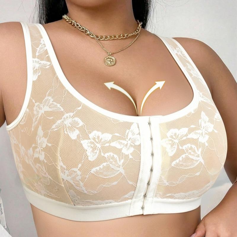 Plus Size Wireless Front Closure Bra for Women Floral Lace Adjustable Breathable Cutout Back Comfort Tank Intimates