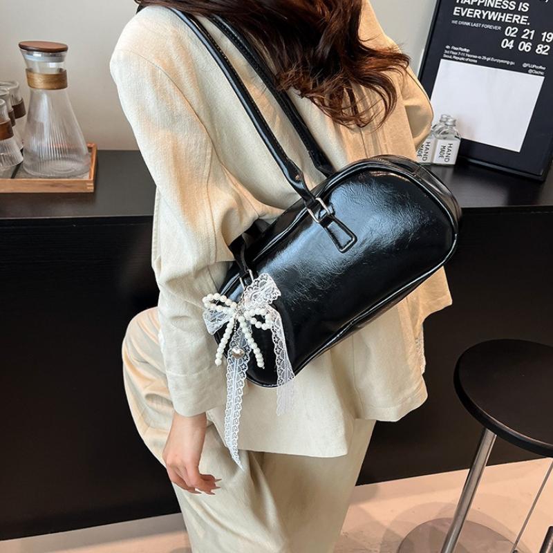 Vintage Elegant Mini Large Capacity Shoulder Bag with Delicate Lace Pearl Bow ,accent Small Fashion Top Handle Bags for Girls