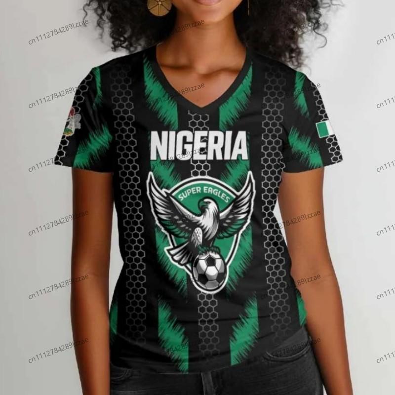Maglietta da tifoso di calcio ispirata alla Nigeria da donna con motivo aquila verde bianca, scollo a V, manica corta, top casual da tifoso