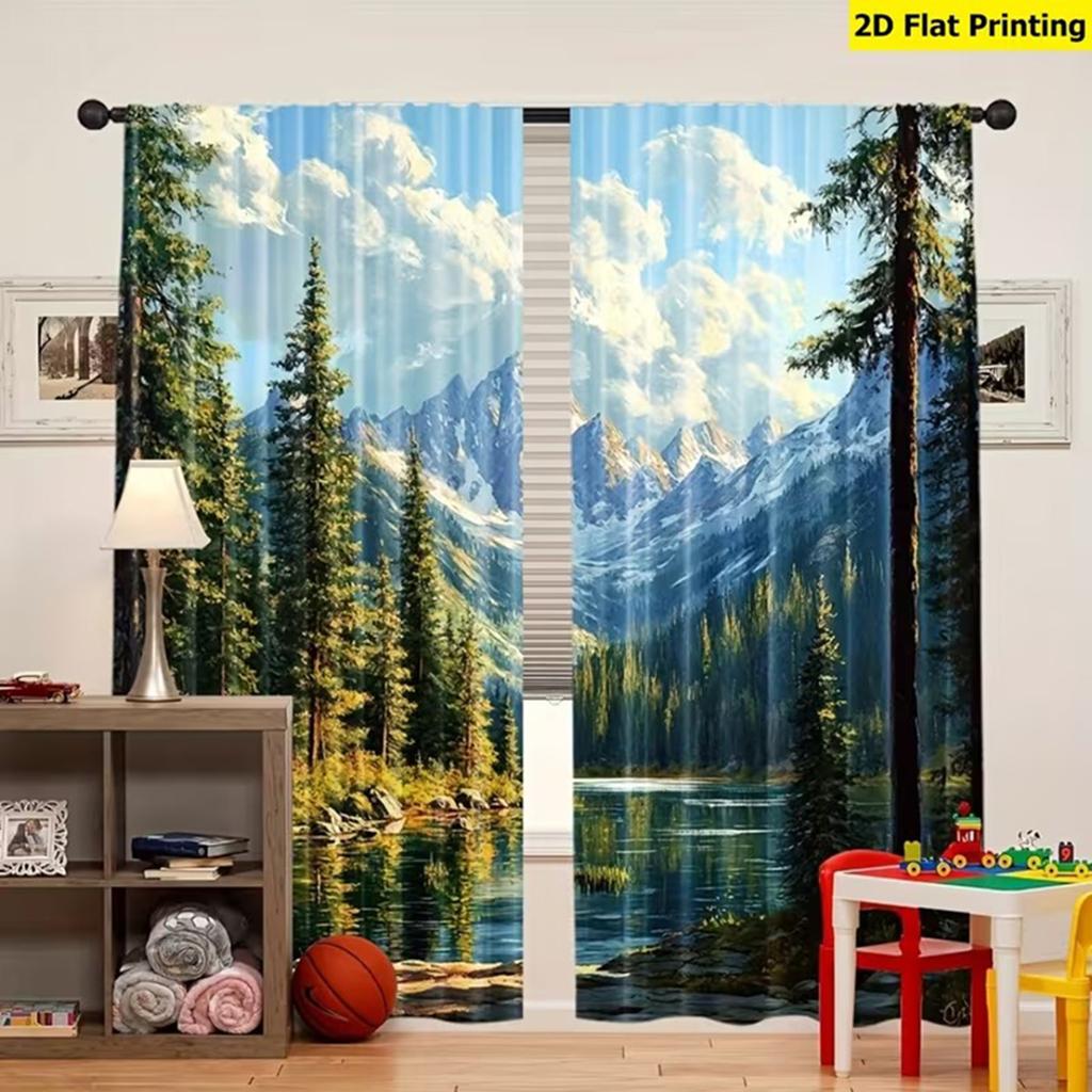2 Bright Mountain & Lake Landscape Curtains Machine Washable Peaceful Woods River Snowy View Polyester Material for Home Decor