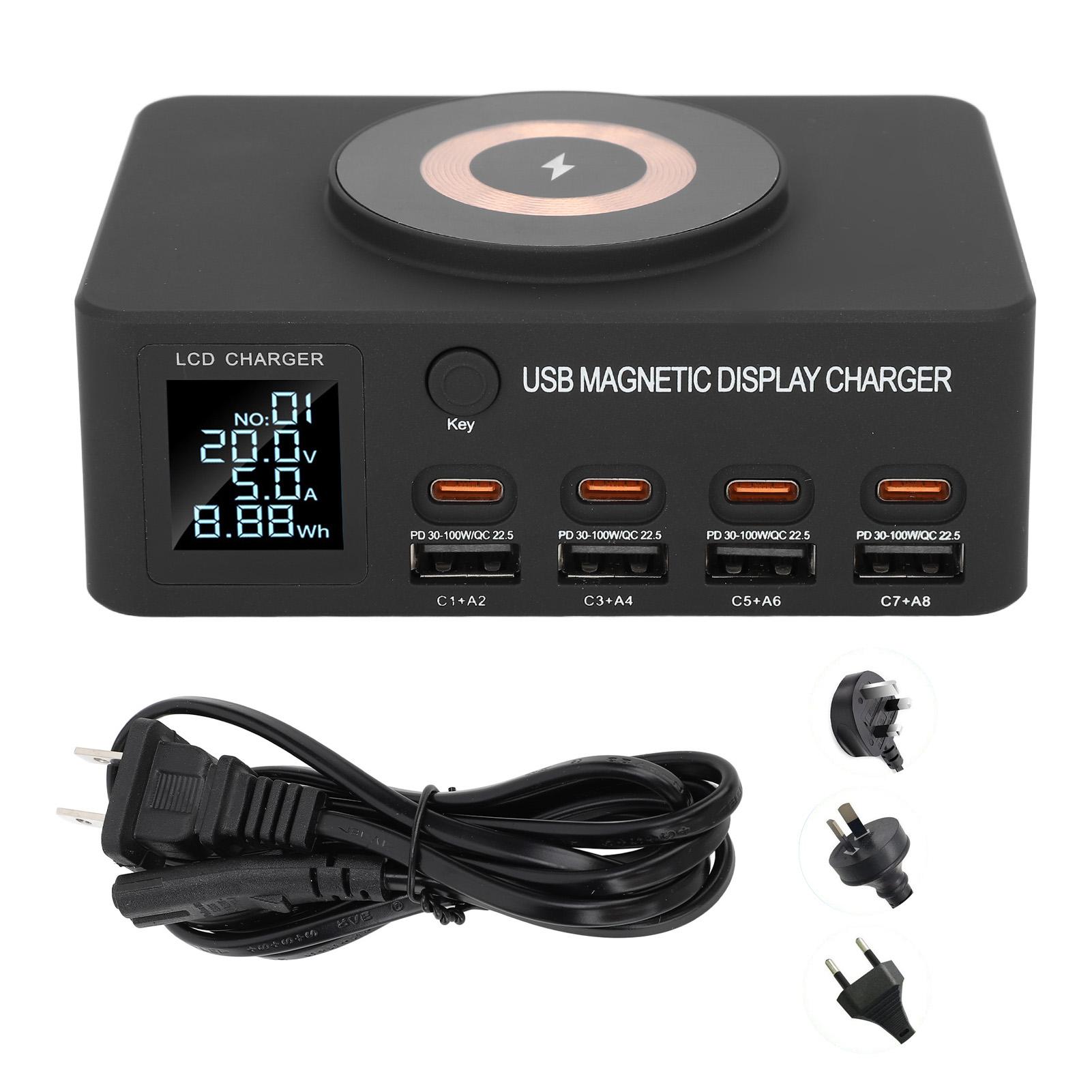 

140 Вт 8-портовая USB-зарядная станция Магнитное беспроводное зарядное устройство PD 100 Вт QC 3,0-портовый ЖК-дисплей для MacBo US Plug