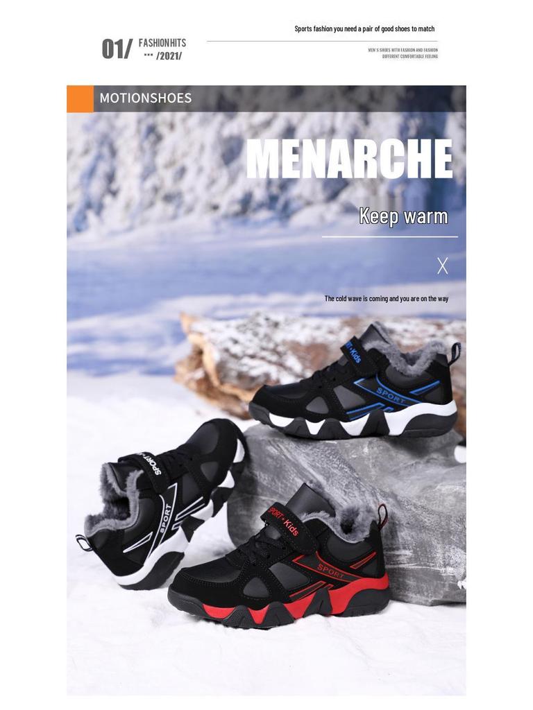 Boys' Velcro Sports Shoes: Warm Cotton, Plus Velvet, Winter 2025 Style for Older Kids and Elementary Students.