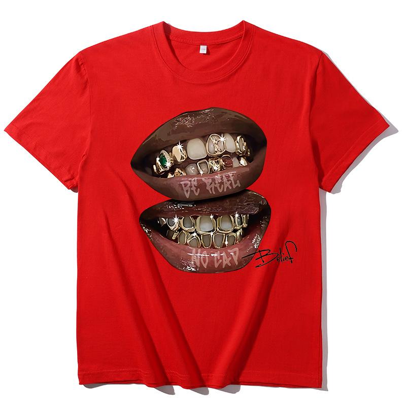 Chic Lips Golden Teeth Vintage Tee Rock Goth Casual Summer Short Sleeve High Street Oversized T Shirt Harajuku Graphic Print