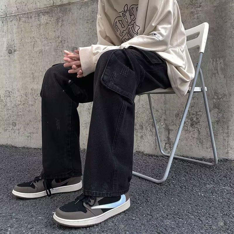 JYL Men's Cargo Jeans Multi-Pocket Hiphop Street Loose Wide-Leg Floor Denim