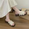 French Pearl Slippers Women's Summer Wear 2025 New Fairy Small Fragrant Style Fashion Flat Bottom One Word Beach Cool Slippers