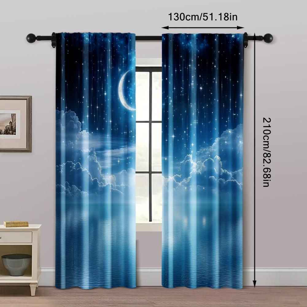 2pcs, Window Curtains Starry Night Sky Moon and Foggy Clouds Landscape Protecting Privacy Family Party Decoration Use for