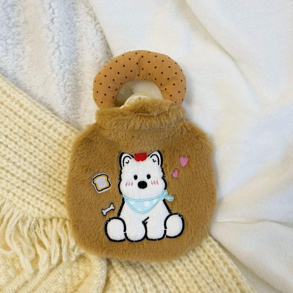 Plush Cartoon Hand Warmers Dog Embroidery Hot Water Bag Portable Water-filling Bottle Female
